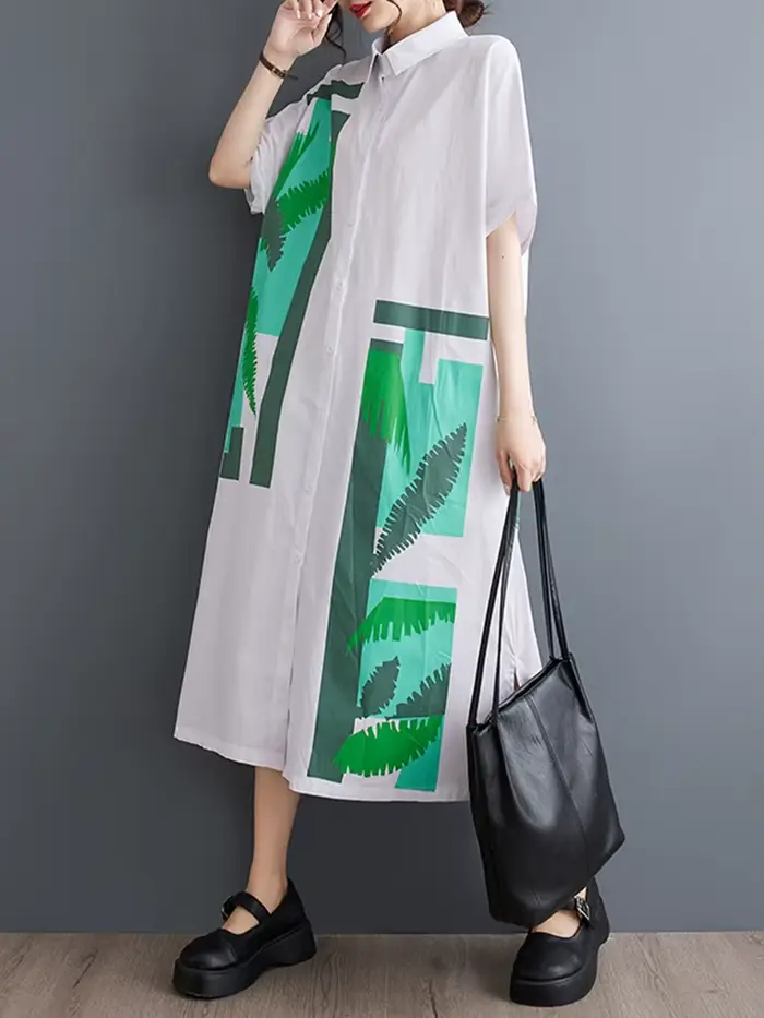 Nouvelle Robe Chemise Longue Décontractée Ample à Manches Courtes Imprimé Vintage Noir pour Femme –