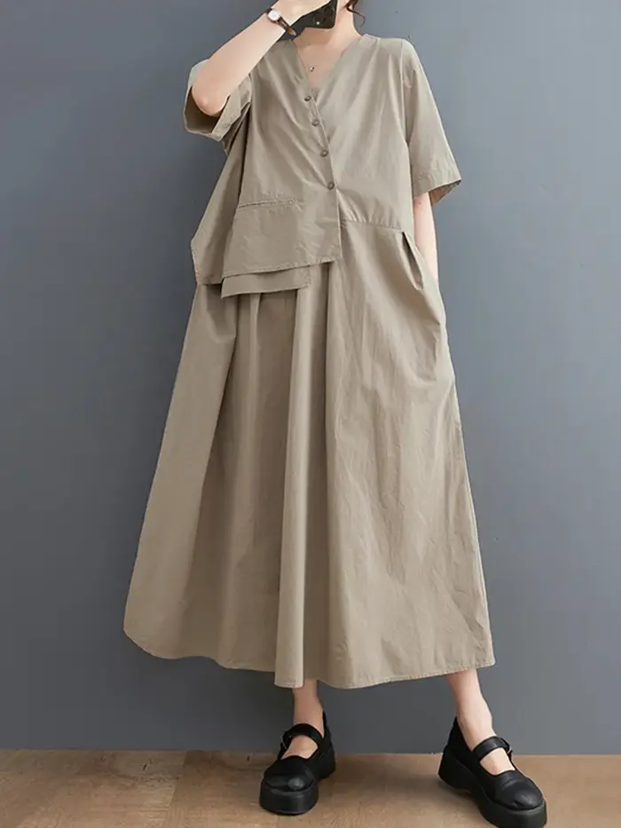 Dámské khaki vintage patchwork krátké rukávy volné dlouhé šaty