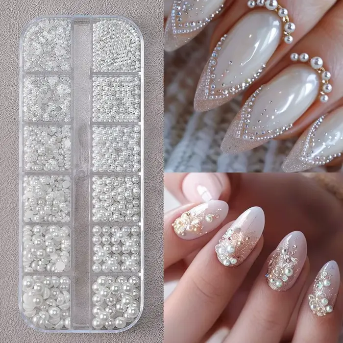 Perles Rondes Blanches pour Ongles, Breloques, 12 Grilles (0.15-0.5cm), Caviar, Bijoux, Demi-Ronde, 