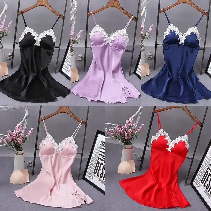 Robe de nuit en soie pour femmes, Sexy, bretelles avec nœud en dentelle, vêtements de nuit, Costumes, chemises de nuit en matériau doux