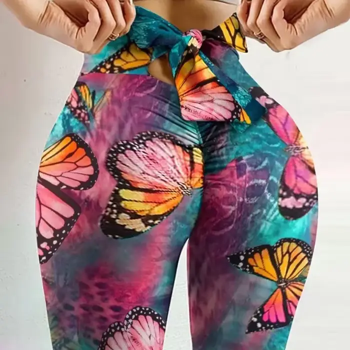 Taille haute Sexy papillon imprimé Leggings nœud Yoga pantalon nœud pansement collants femmes bout à