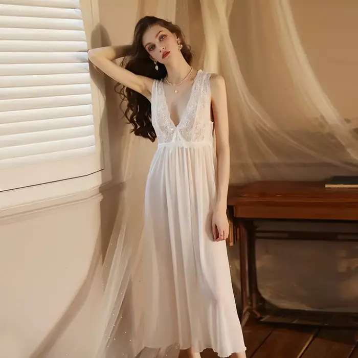 Noční košilka pro svatbu dlouhá z krajky, věkemová elegantní noční košile, noční košile s nízkým výstřihem, oblečení na spaní z vlákna