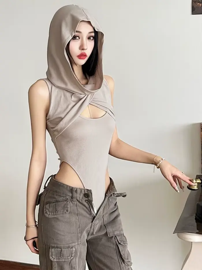 Body à capuche évider Lingerie corps Sexy Feminino sans manches une pièce Lenceria Femenina coupe ajustée haut Sexy femmes Streetwear