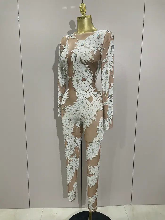 Body s dlouhým rukávem pro ženy, sexy, vysoká elasticita, zdobené krystaly, pro noční taneční show a jevištní oblečení