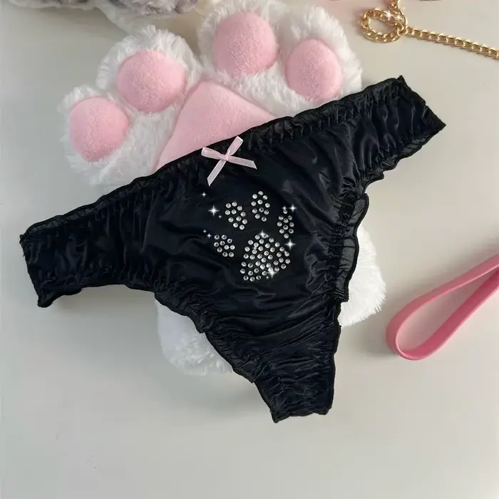 Culottes Lolita Patte de Chat Kawaii en Coton avec Strass, Strings Confortables et Doux à Volants pour Fille