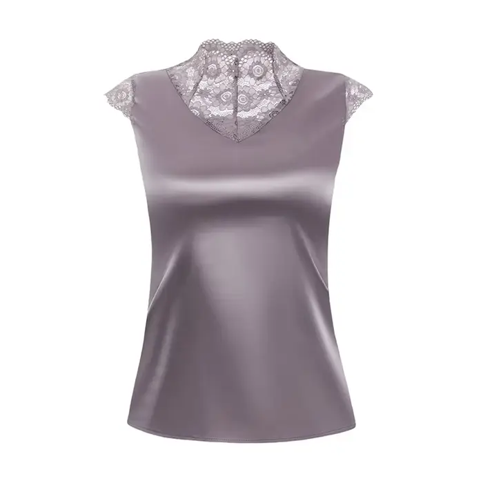 M-4XL Élégant Manches Courtes Dentelle Chemise De Mode Patchwork injSatin précieux Top D'été Casual 