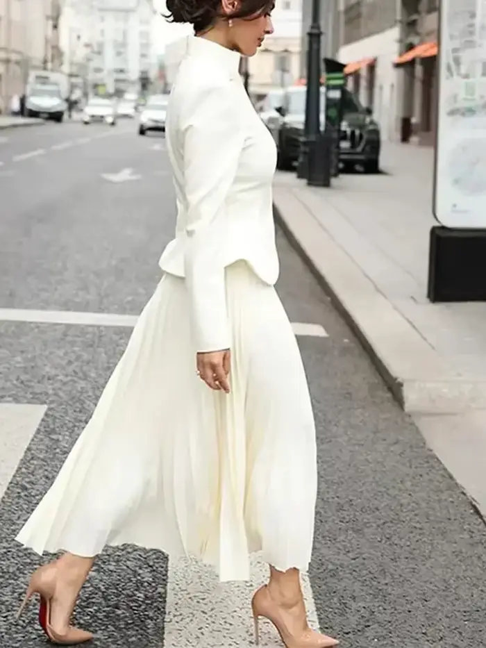 TWOTWurea YLE-Ensemble deux pièces pour femme, jupe taille haute, col montant, manches longues, bout