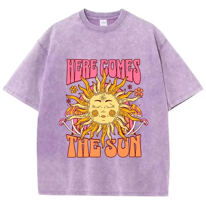 T-Shirt délavé surdimensionné pour femmes, en coton, imprimé ici arrive le soleil, décontracté, col 