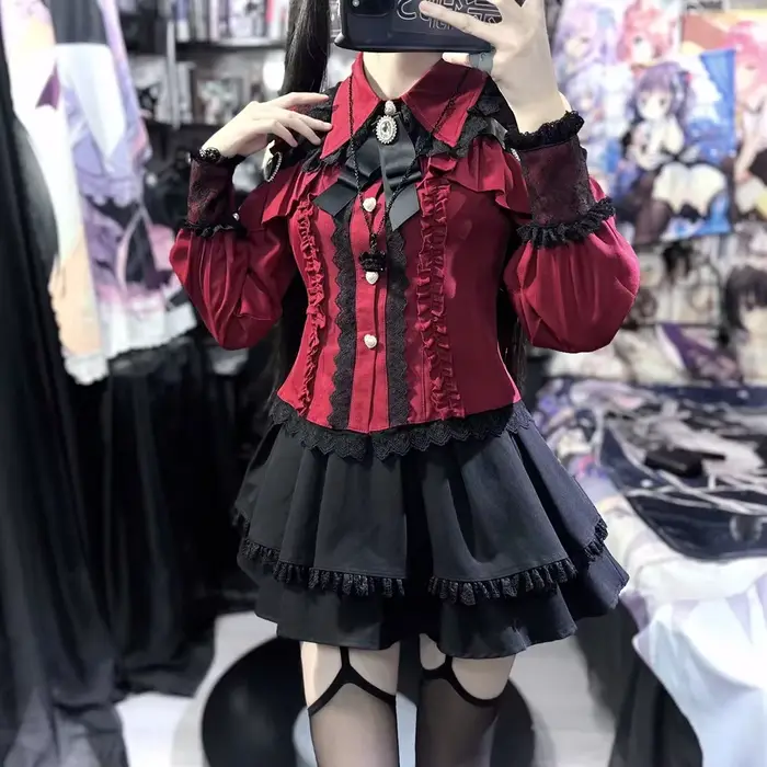 Ensemble Lolita de Type sol en forme de cœur doux foncé, haut à manches à volants et jupe trapèze, j