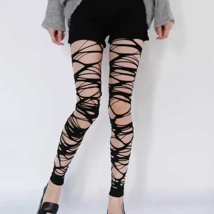 Sexy černé roztrhané síťované punčocháče pro ženy, gotické punkové prolamování, těsné síťované dna, legíny styl emo egirl streetwear