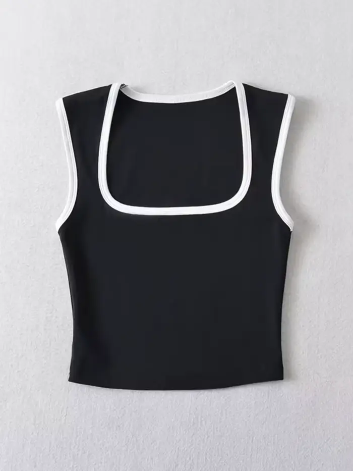 Débardeur sans manches pour femme, Slim, couleur contrastée, décontracté, col carré, haut court, vêt