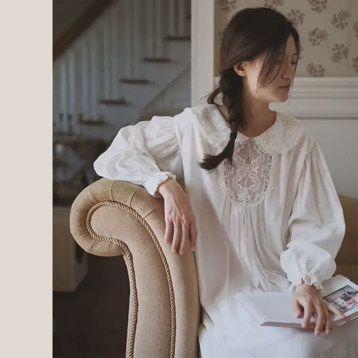 Chemises de nuit pour femmes 100% coton à manches longues, style princesse, avec dentelle, col rabattu, blanches, longues jusqu'aux chevilles, amples