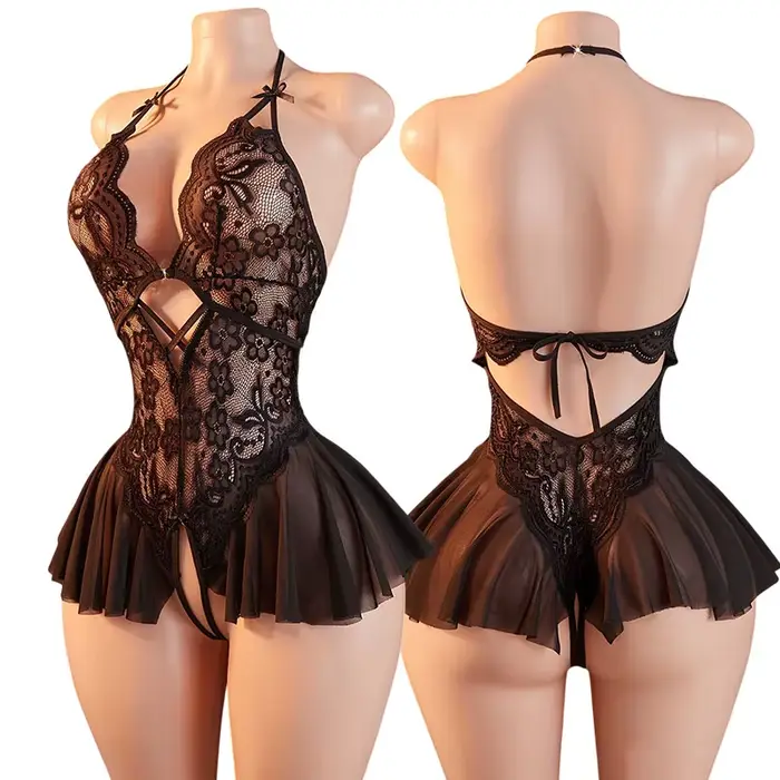 Lingerie coquine sans entrejambe pour femmes adultes, body sexuel en dentelle, entrejambe ouvert, robe de poupée porno, ensemble de sous-vêtements Sexy noirs