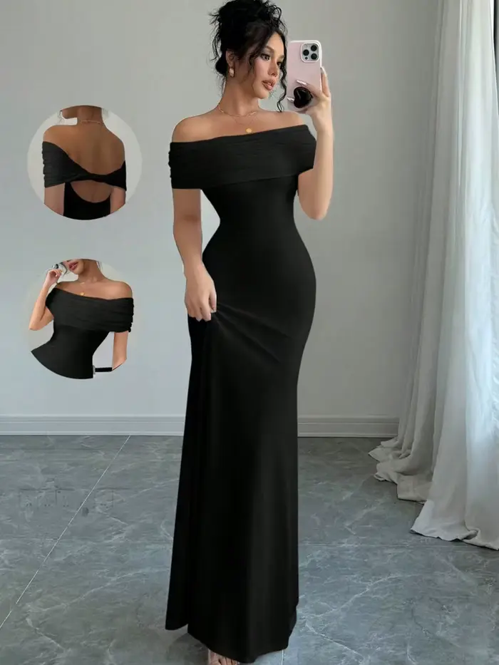 Robe de soirée à épaules dénudées, robe mi-longue moulante sexy sans manches pour femmes, robe de co