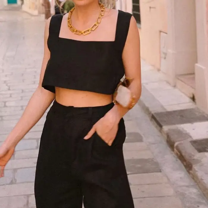 Haut court 100 % lin blanc, col carré vintage, sans manches, style streetwear, vert, collection été