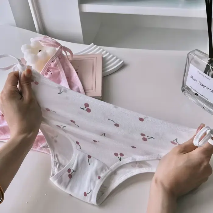 Lolita – Cherry vzorované bavlněné kalhotky pro ženy, sexy spodní prádlo, bílá, růžová, ramínko krajka-up, měkké, nízký pas, Anime, družičky žabky