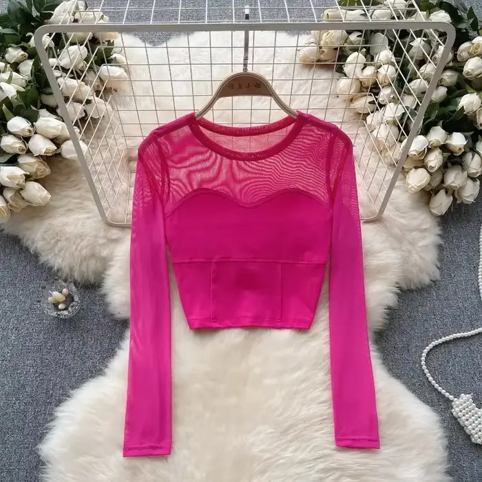Femmes Chic maille transparente Patchwork à manches longues haut court mince Sexy coréen T-shirt mod