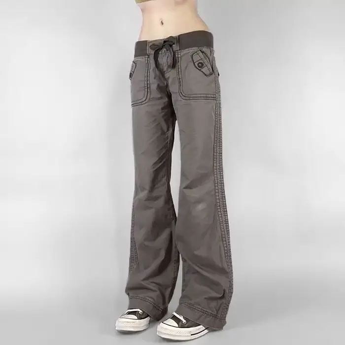 Pantalon rétro à lacets taille basse pour femme, streetwear, patchwork, décontracté, Harajuku, droit