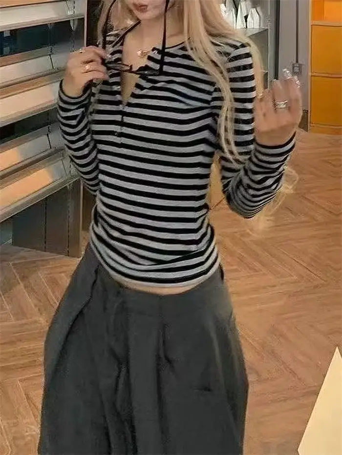Vintage rayé mignon t-shirts femmes mode coréenne bouton fée Grunge T-Shirt Y2K vêtements décontract