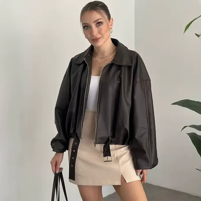 Veste en cuir tendance pour femme, blouson bomber vintage en similicuir, fermeture éclair unie, col 