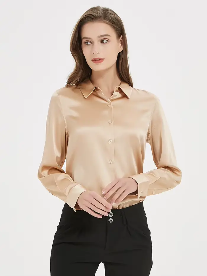 SuyaDream femme robe chemises femme 93% soie 7% élasthanne basique solide col rabattu Chic Blouse ch