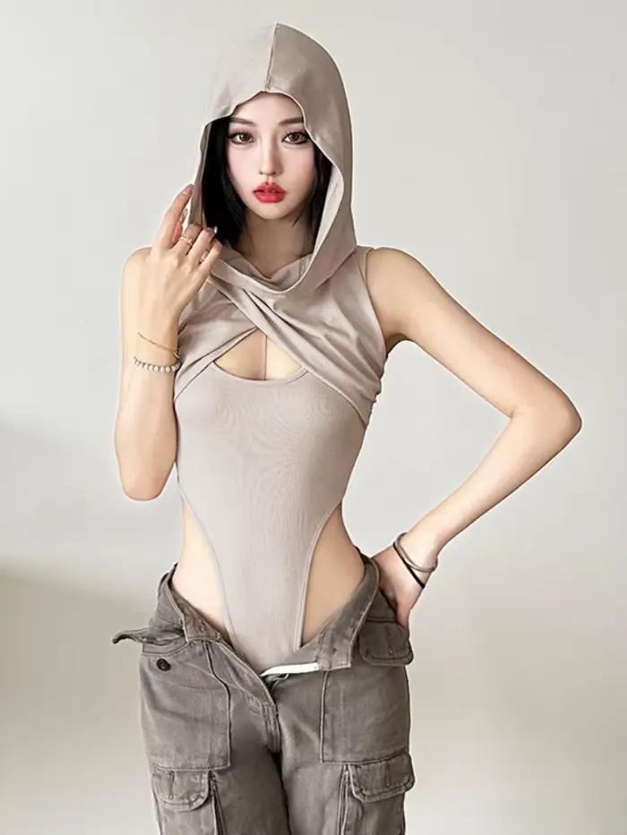 Body à capuche évider Lingerie corps Sexy Feminino sans manches une pièce Lenceria Femenina coupe ajustée haut Sexy femmes Streetwear