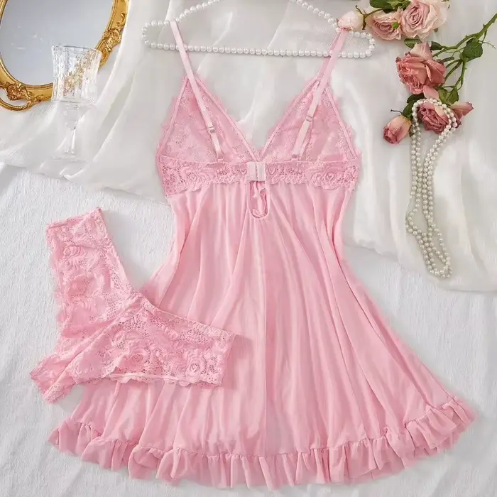 Ensemble de lingerie sexy pour femme, comprenant un soutien-gorge érotique, une chemise de nuit en dentelle sexy, des robes de nuit et des robes douces et ajustées de couleur unie à col en V, style nu