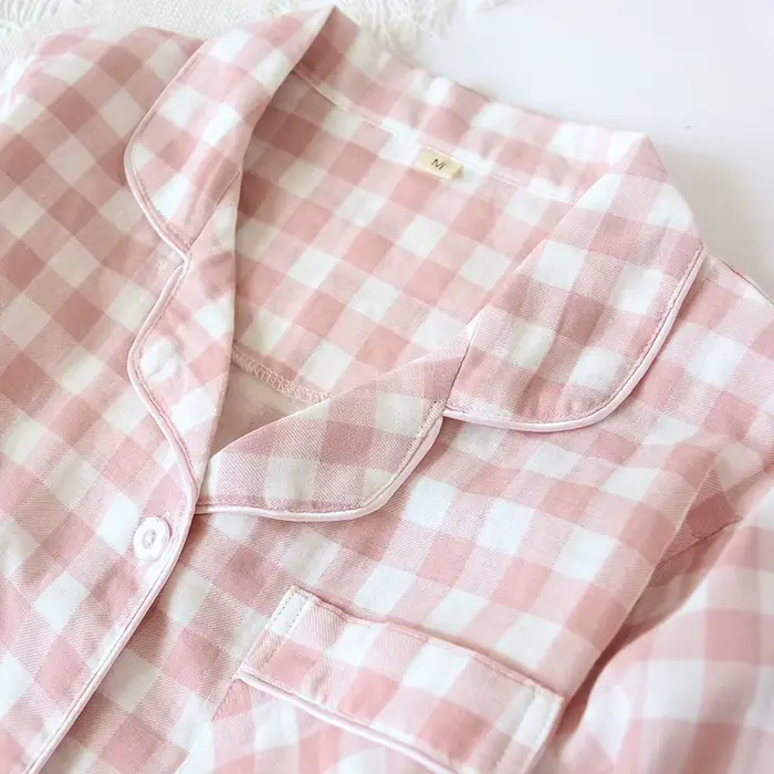 Odpovídající dámské pyžamo, 2 kusy, japonský styl, 100% bavlna, dvouvrstvá gáza, dlouhý rukáv, lehký, měkký, prodyšný