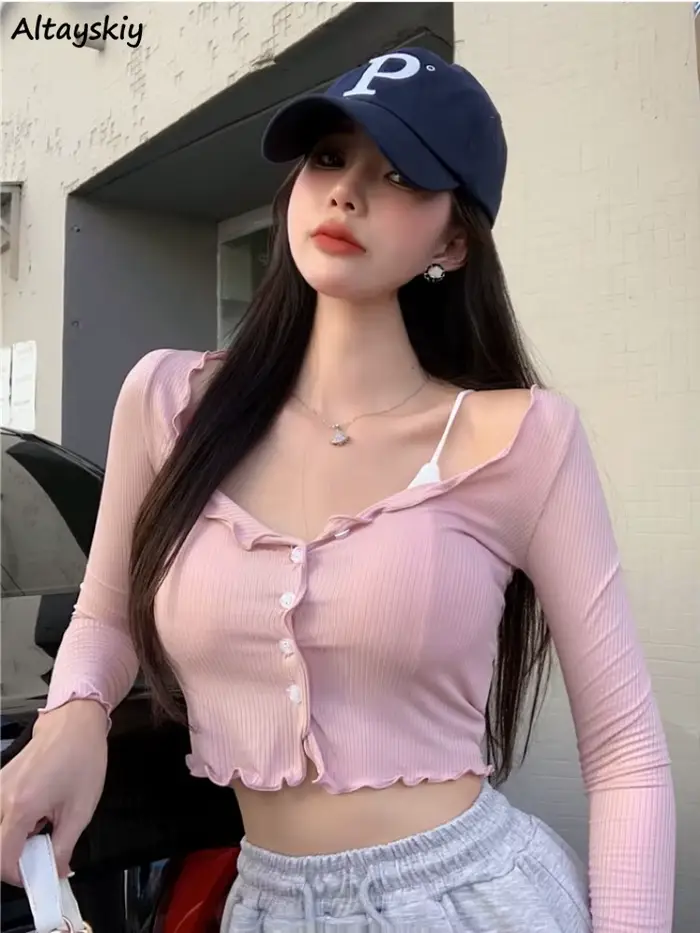 Manches longues T-shirts femmes récolte maigre résistant au soleil col en v rétro doux Sexy jeune St