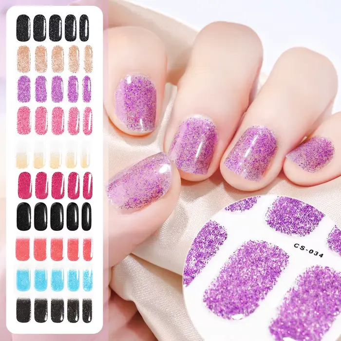 Autocollants pour ongles semi-durcis noirs français, 16 pointes, avec paillettes, Gel UV longue duré