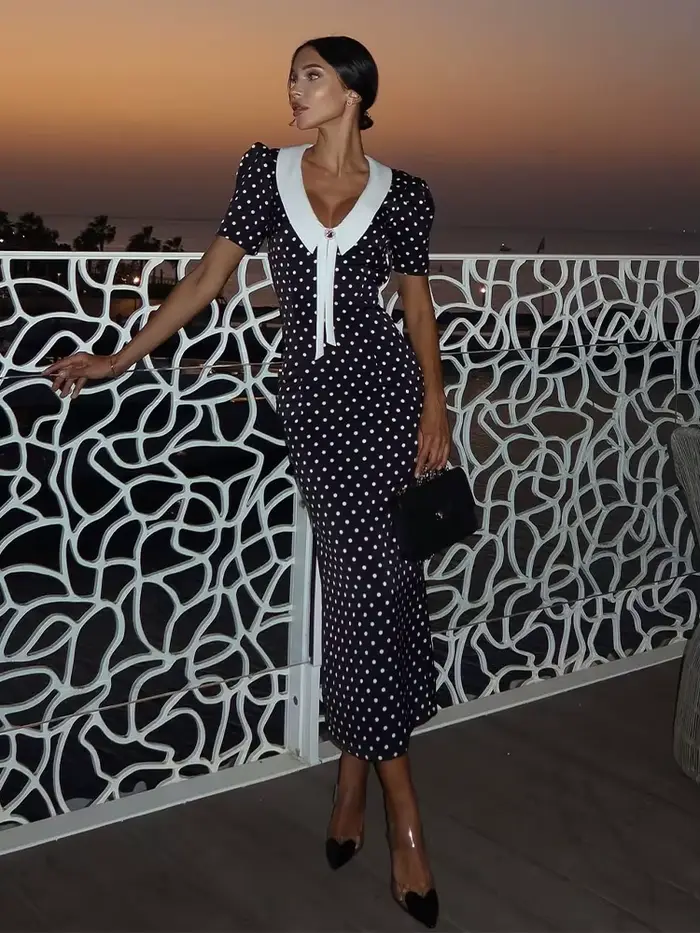 Robes imprimées à pois pour femmes mode Sexy Streetwear manches courtes gaine col rabattu col en v l