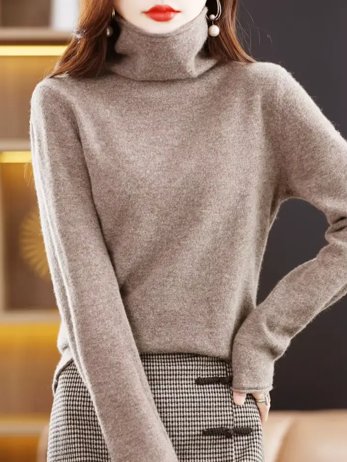 Pull en laine mérinos 100% pour femme, pull à col pileux, en cachemire, décontracté, manches longues