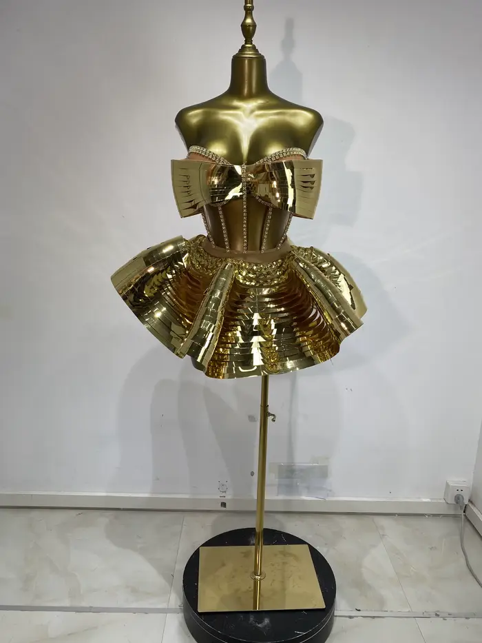 Disco tanečnice kostýmy, Bustier zrcadlo pozlacené, horní korzet a Mini nafouknutá sukně, 2 kusy, večerní oblečení Sexy Ses Y2k
