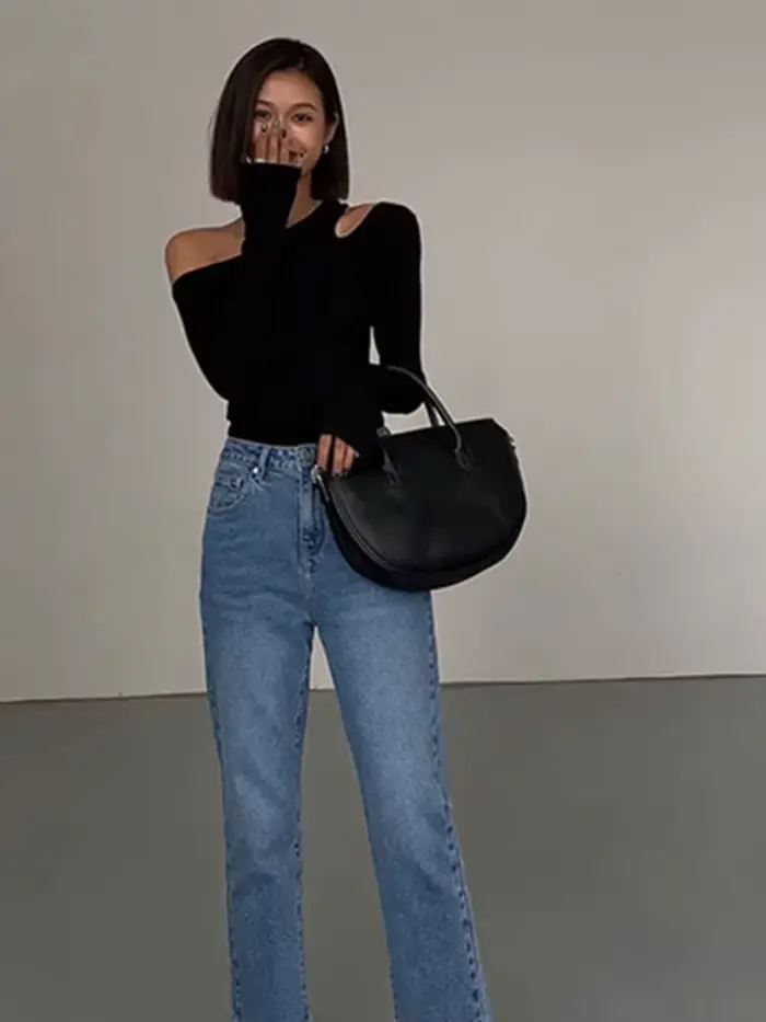 Mode col incliné épaules dénudées à manches longues T-shirts femmes printemps nouveau solide coupe a