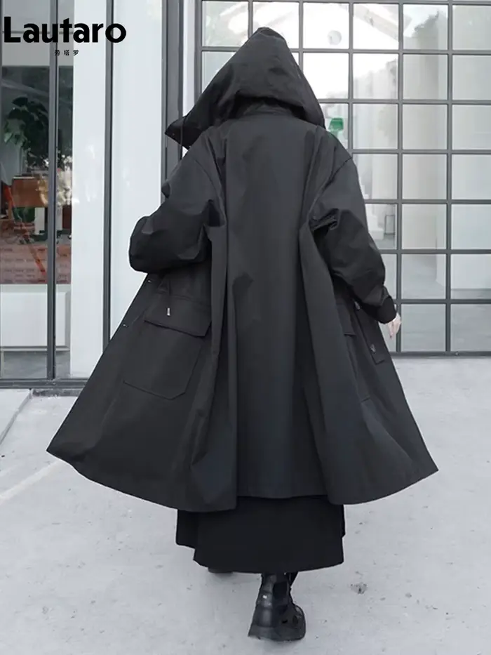 Lautaro-Manteau Long Respirant Noir avec Capuche pour Femme, Vêtements de Créateur de Luxe, Dark Aca