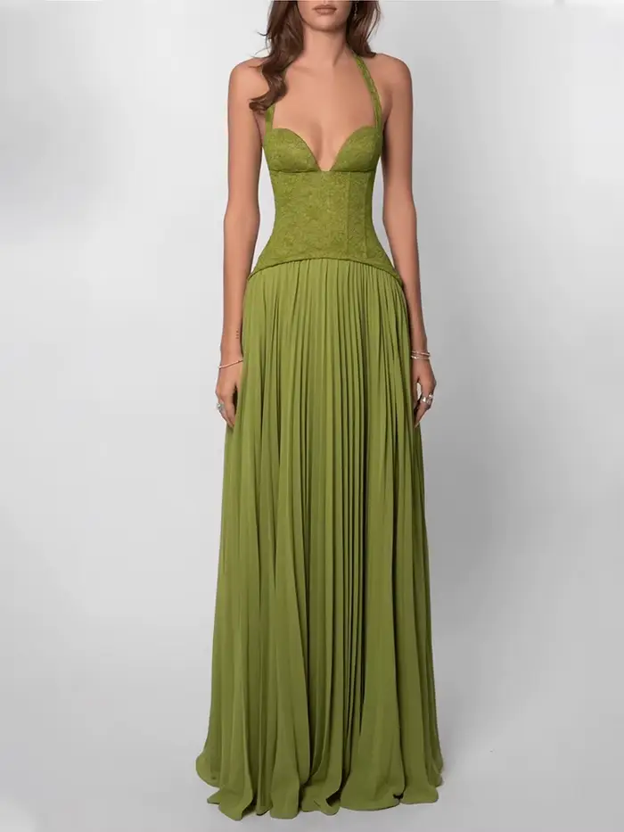 Robe longue corset vert pour femme, dos nu, patchwork, à lacets, plissée, coupe ajustée, maxi, éléga