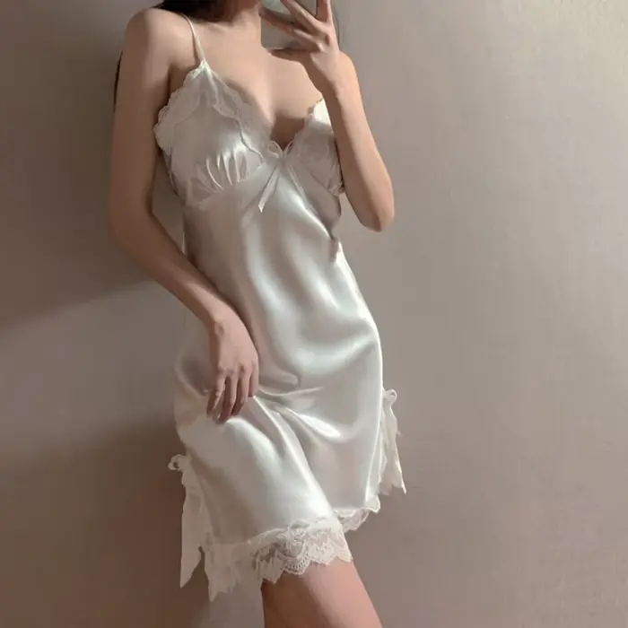 Sexy krajkový výstřih do V Lingerie šaty pro ženy noční košile Saténové