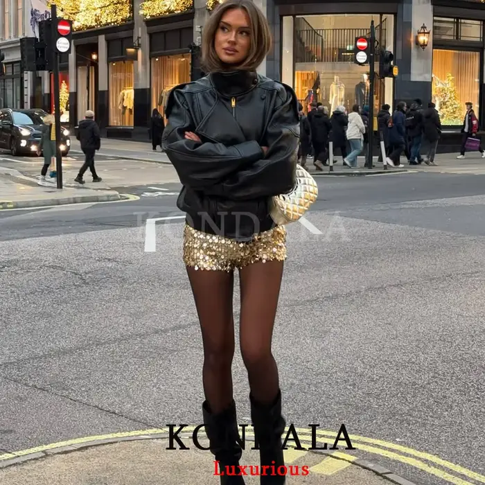 KONDALA ležérní chic černá kožená bunda pro ženy s dlouhým rukávem