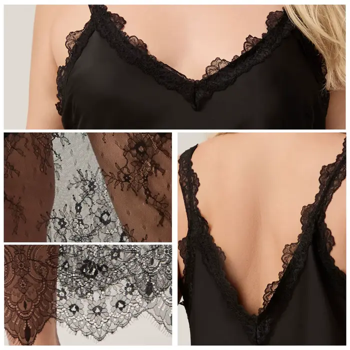 Letní černé noční prádlo Sexy velká krajka lem noční košile ženy dlouhé volné noční košile satén domácí šaty
