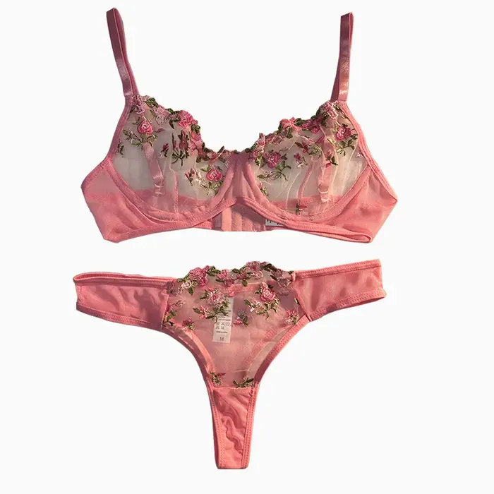 Ensemble de lingerie rose pour femme, sous-vêtements en dentelle, broderie féerique, ensembles de soutien-gorge et culottes, kits de lingerie