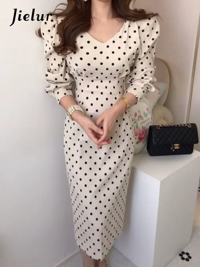 Jielur - Dámské elegantní vintage sametové šaty s puntíky