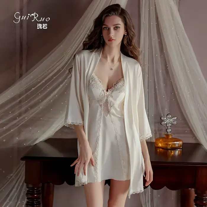 Pokušení Krajka Noční košile Sexy Žena Noční košile a šaty Set Relaxační oblečení Spodní prádlo Intimní hedvábí Satén Župan Noční prádlo Letní domácí oblečení