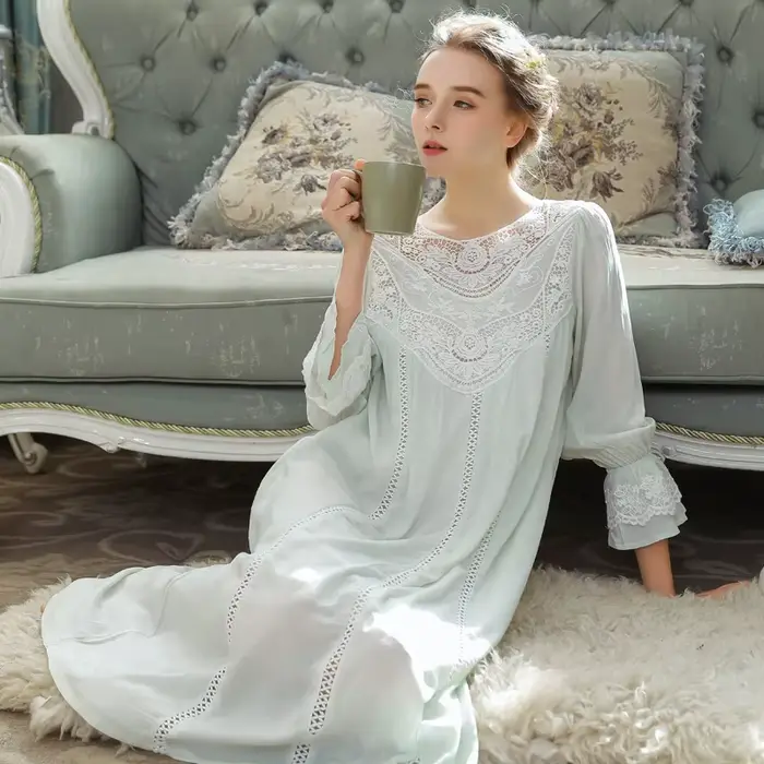 Romantické krajkové noční košile pro ženy, francouzský styl, víla noční košile, elegantní, dlouhé rukávy, bavlna, viktoriánské ležérní oblečení