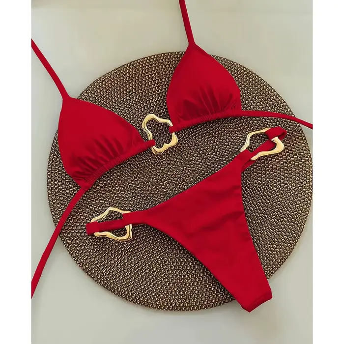Nouveau Bikini Sexy couleur unie à lacets fendu maillot de bain deux pièces pour les femmes