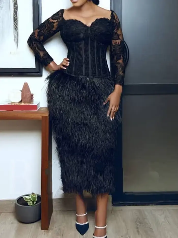 Robes mi-longues en fausse fourrure noire avec corset, manches longues, col en cœur, hors tambour ro