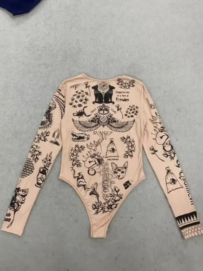 body Dlouhý rukáv potisk Tattoo Nude pro ženy, Y2K Fit
