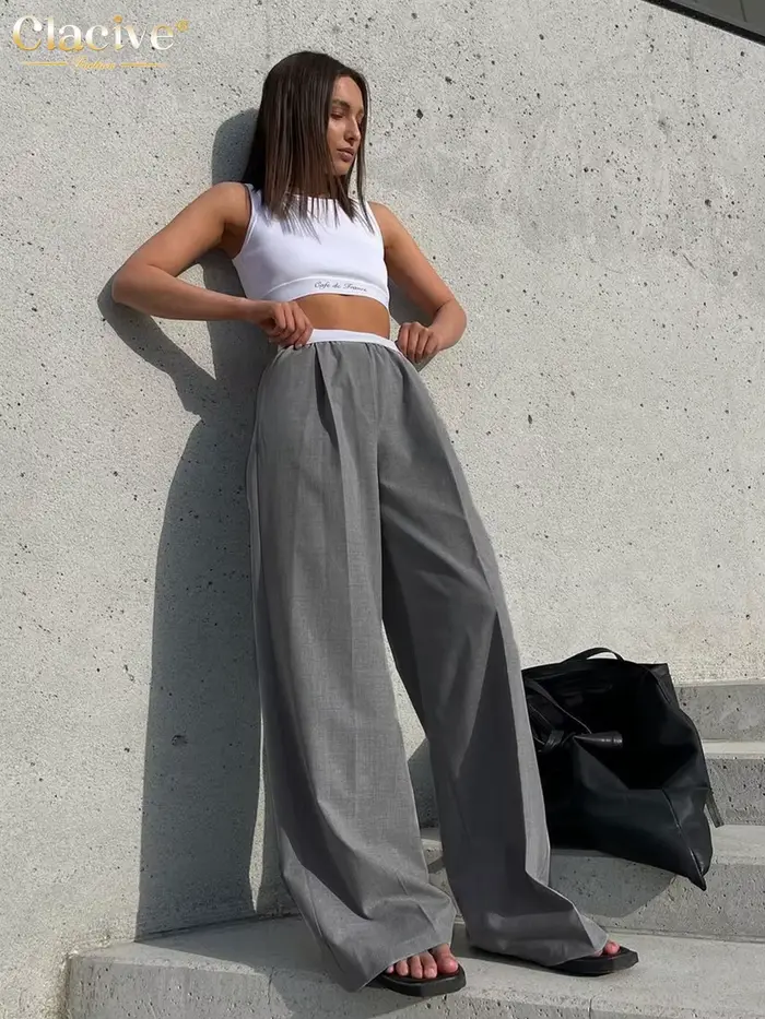 ClacMarkets-Pantalon Gris pour Femme, Taille artificiel astique, Jambes Larges, Mode Décontractée, F
