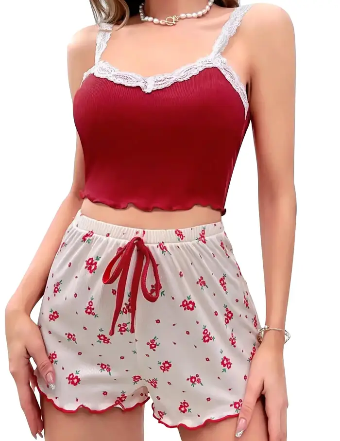 Dámské pyžamo Set krajka Patchwork V-neck noční prádlo Sexy Nuisettes oblek košilka Top potisk měkké šortky pyžamo relaxační oblečení