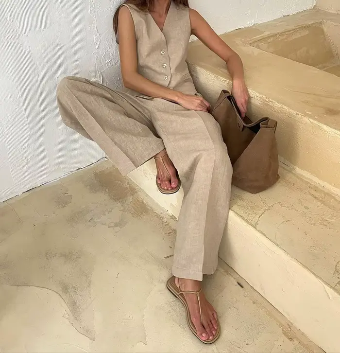 2025 nouvelles femmes lin coton Chic gilet et pantalon costume deux pièces ensemble bureau dames été