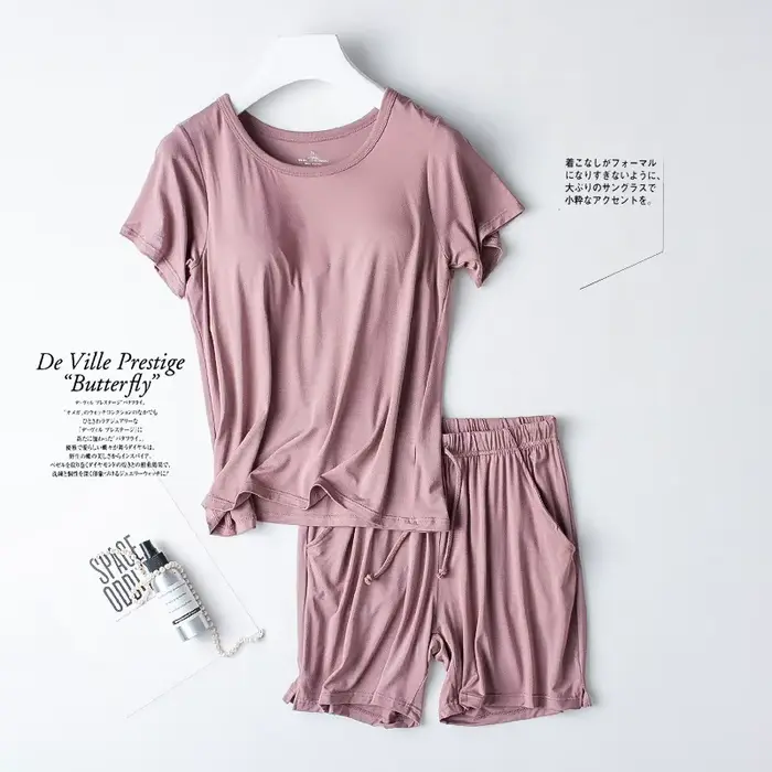 Ensemble de pyjama en coton modal pour femme, coussretours de poitrine, manches courtes, soutien-gor